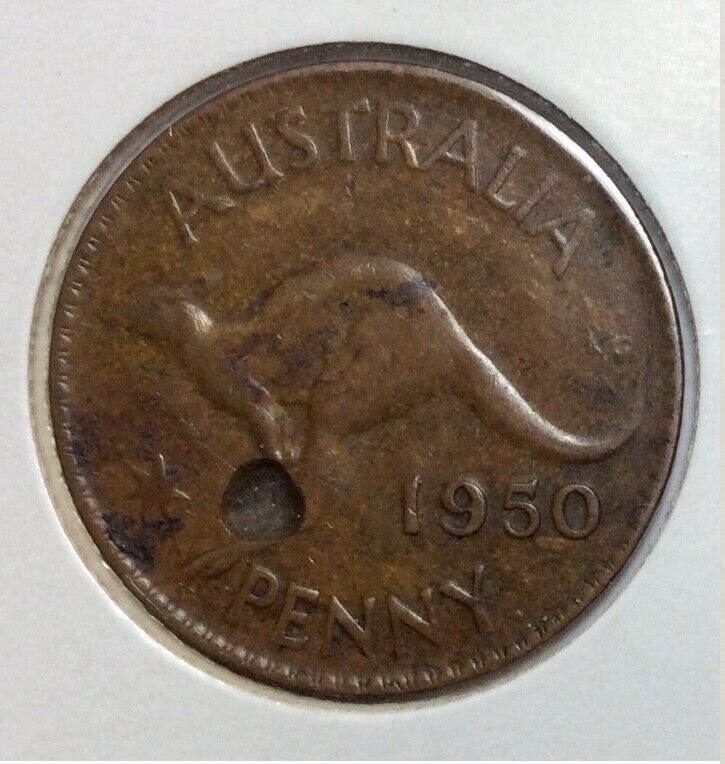 Australian-Penny-1950---Struck-Through-Foreign-Object